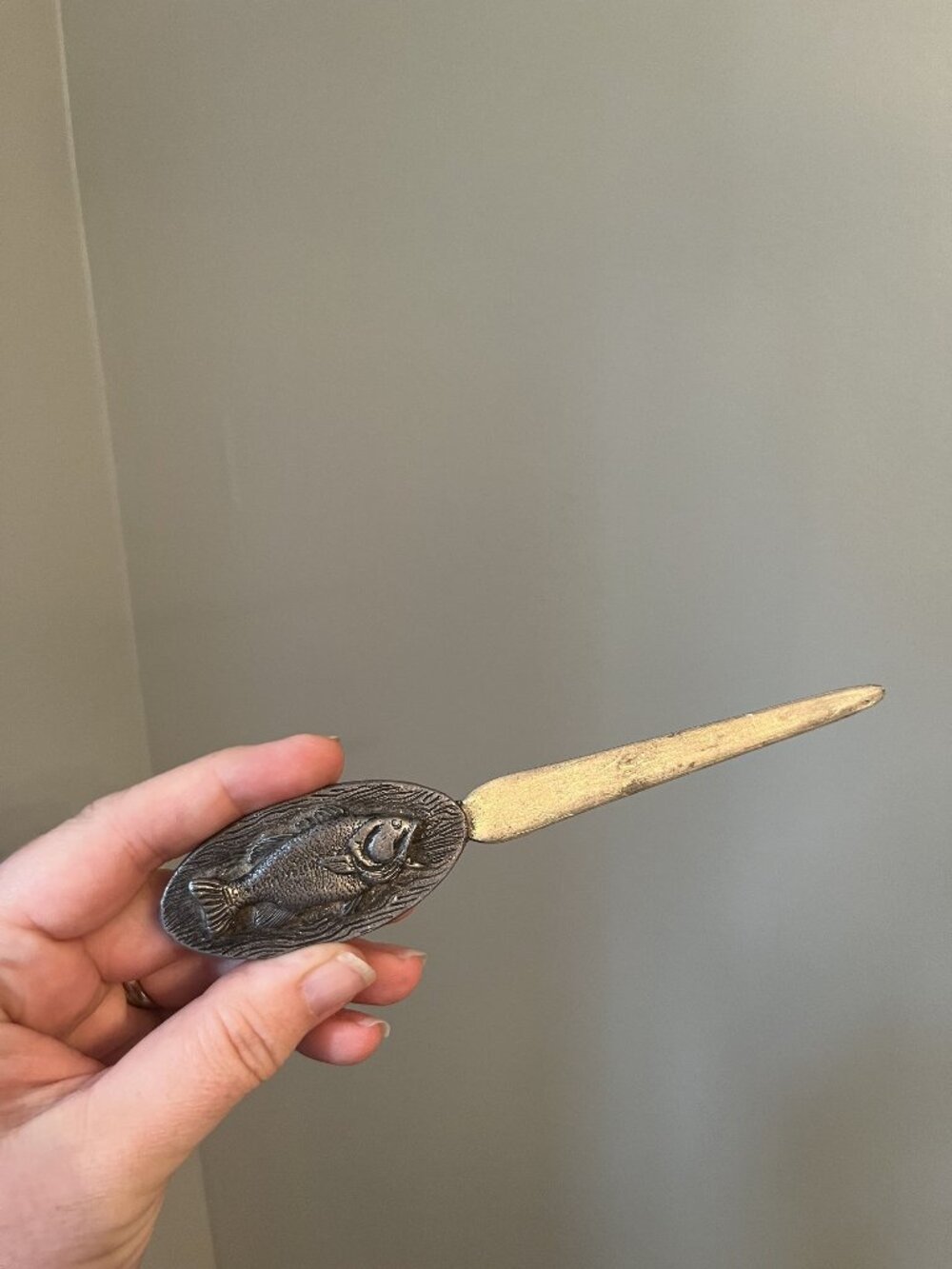 Vintage Pewter Fish Design Letter Opener 7" Long Oval Handle With Wood Grain Bac